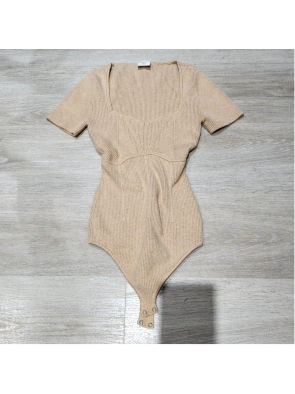 Abercrombie & Fitch Bodysuit Womens XS Beige Ribbed Knit Square Neck Stretch - Picture 1 of 5